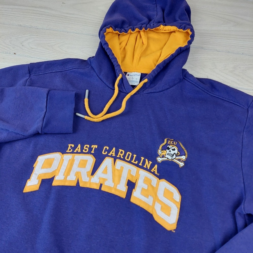 Champion Hoodie ECU East Carolina Pirates Mens Large Purple Tackle Twill Fleece